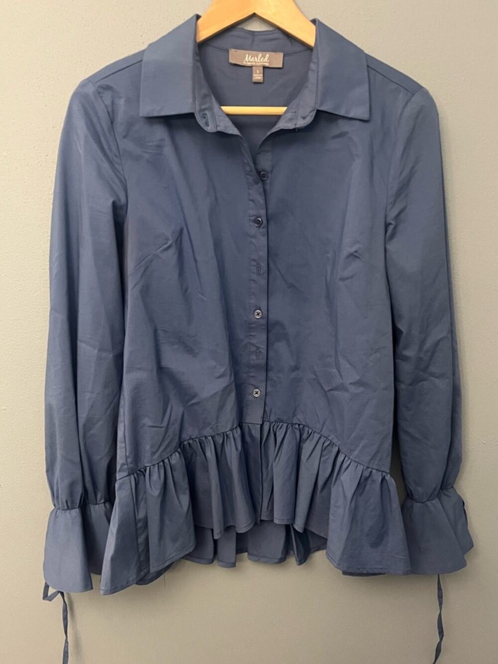 Marled Ruffle-Hem Button Down Shirt